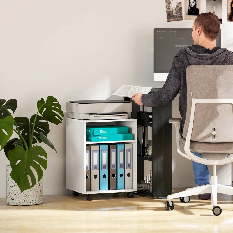 HOMCOM Mobile Porta Stampante con Ruote e 2 Ripiani Aperti in Legno, 40x35x55.5 cm, Bianco