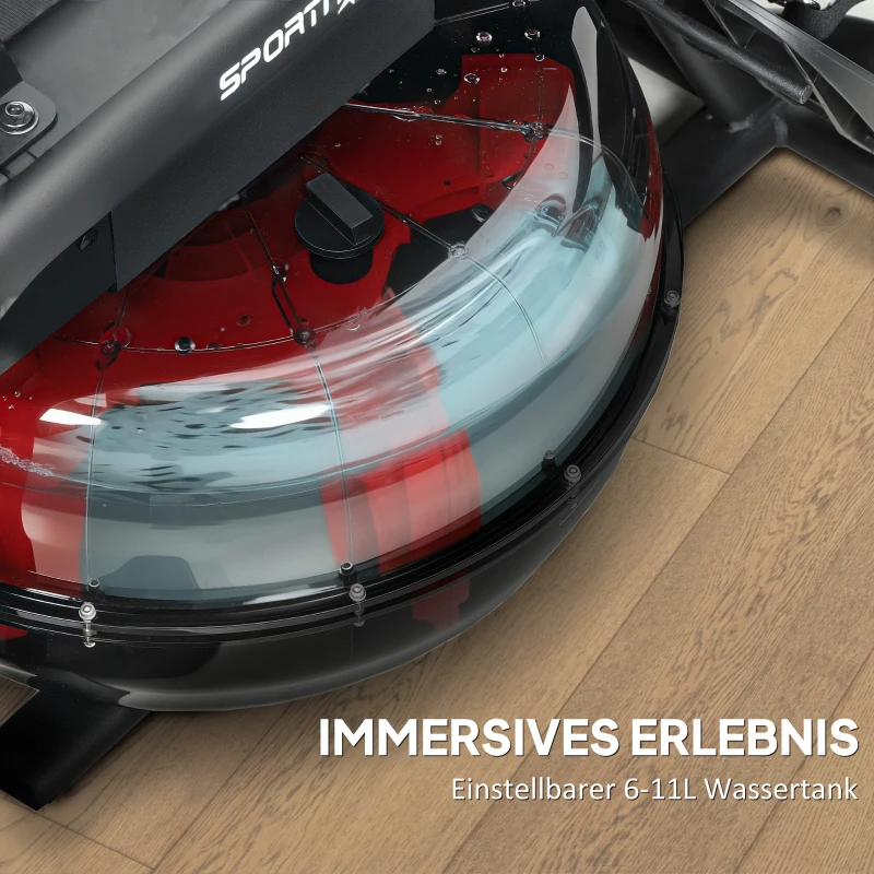 SPORTNOW Rudergerät für Training, Rudermaschine mit 6-11 L Wassertank, LCD-Monitor, Handyhalter, 135 kg Tragfähigkeit, Stahl, Schwarz