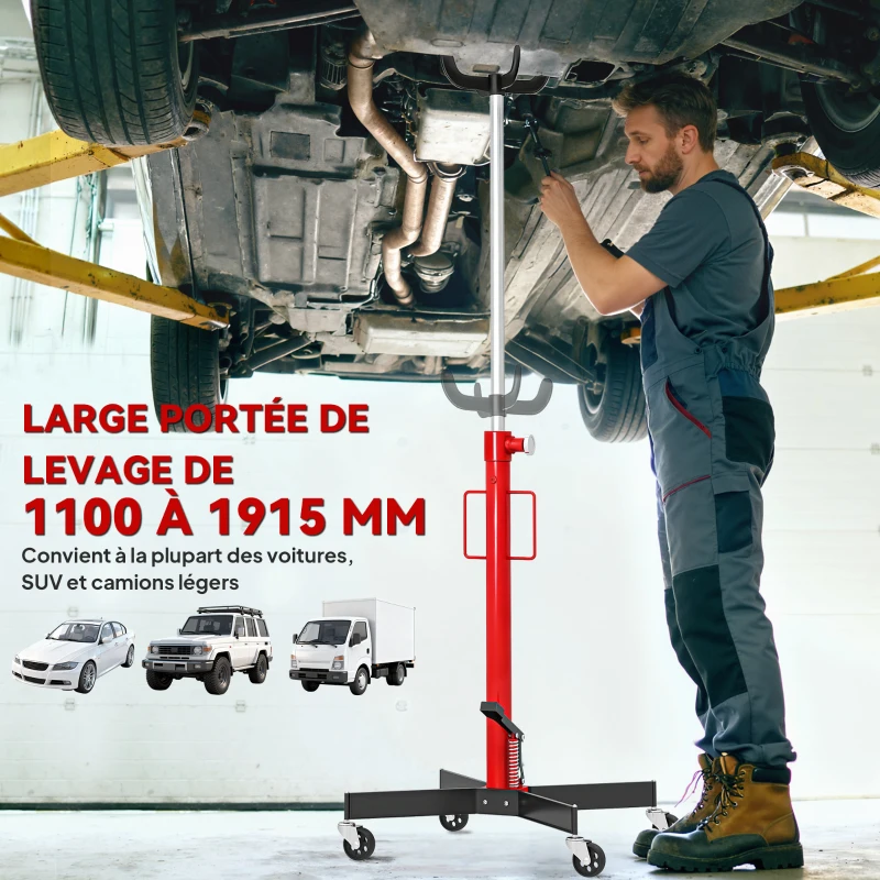 HOMCOM Vérin de fosse hydraulique, cric de levage 500 kg, avec roues pivotantes et pédale, acier, 58 x 58 x 110-191,5 cm rouge