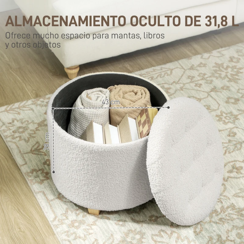 HOMCOM Puff Almacenaje Baúl de Almacenaje Redondo 40,5L 45x45x41 cm Tapizado en Borreguillo con Patas de Madera Blanco