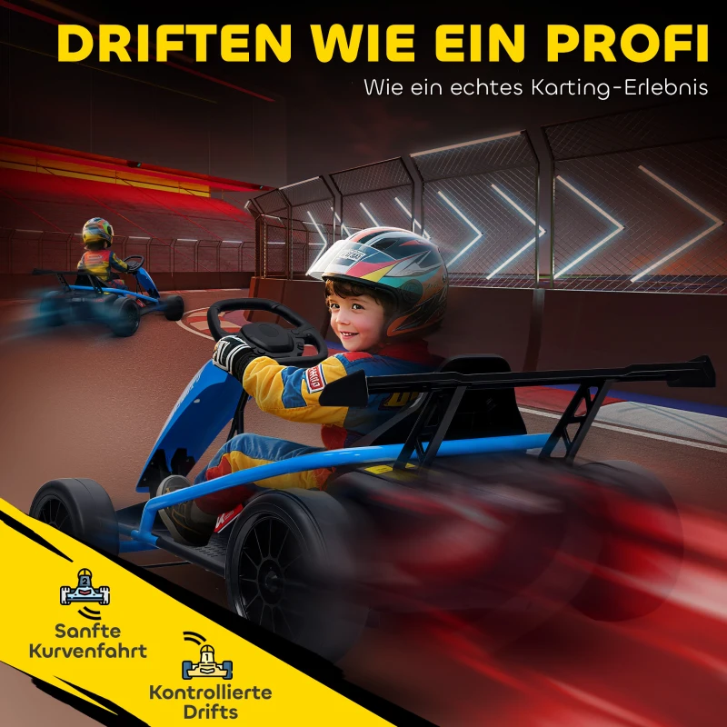 AIYAPLAY 24V Elektro-Go-Kart zum Fahren und Driften, Nylon-Reifen, Sicherheitsgurt, Hupe, Musik für 8-12 Jahre Blau