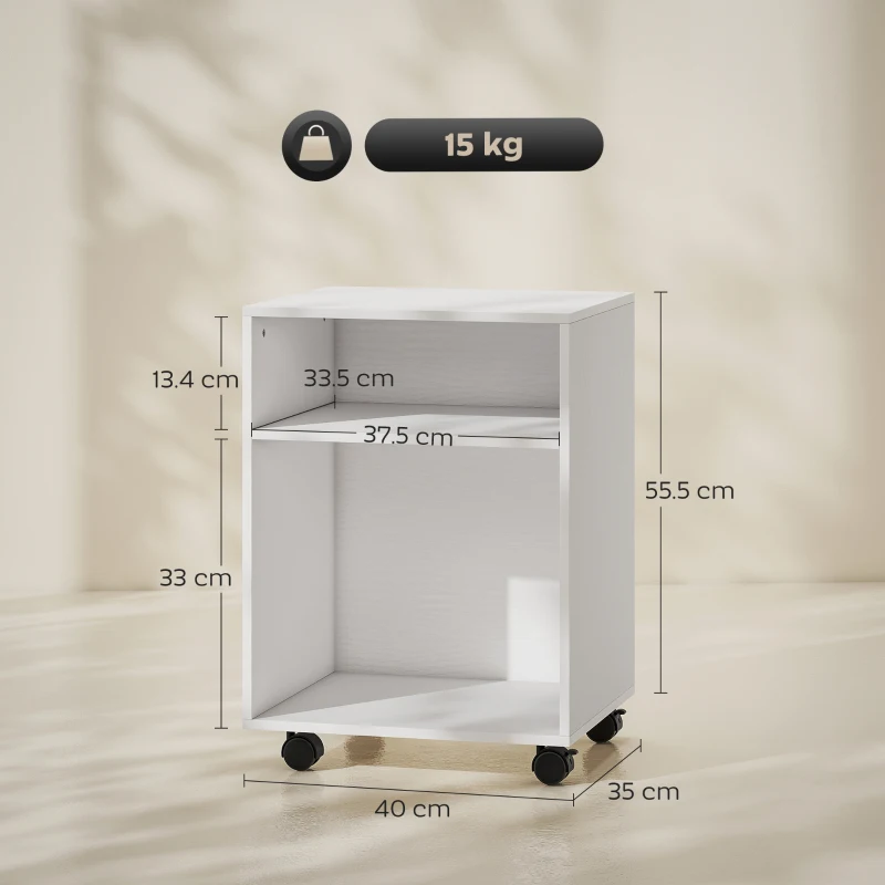 HOMCOM Mobile Porta Stampante con Ruote e 2 Ripiani Aperti in Legno, 40x35x55.5 cm, Bianco