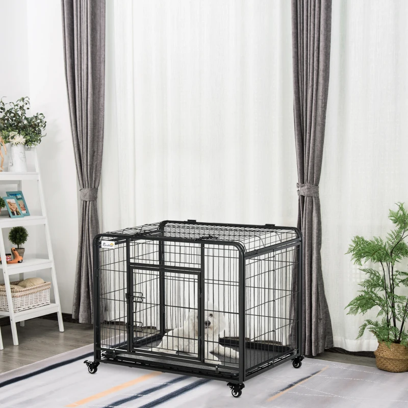 PawHut Kennel per Cani Pieghevole a Doppia Porta con Blocco, 4 Ruote con Freno e Fondo Rimovibile, 94x58x69.5 cm, Grigio