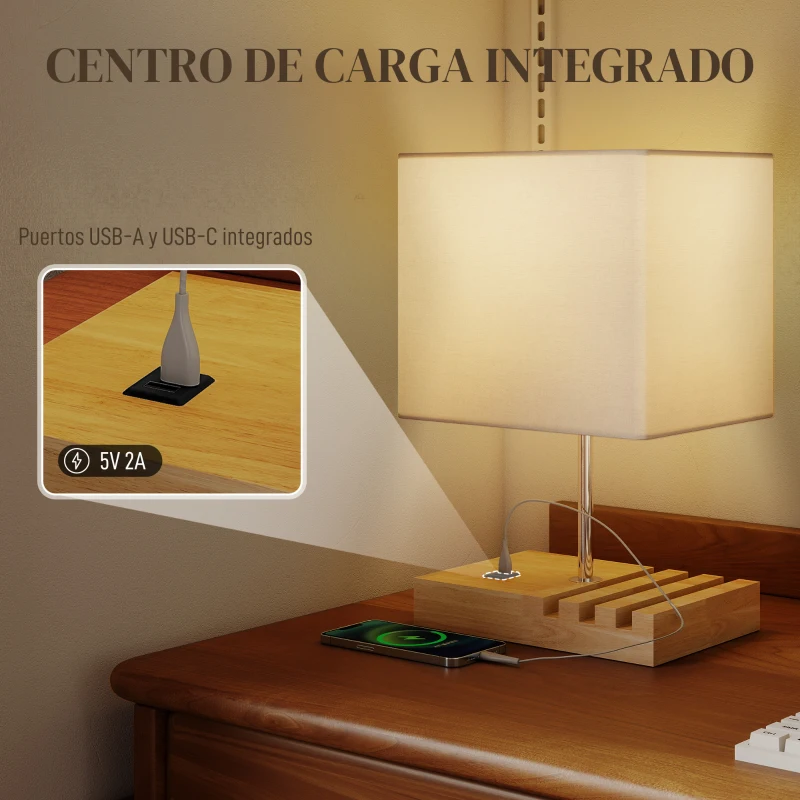 HOMCOM Lámpara de Mesa con Puertos USB-A/C Tres Ranuras para Teléfonos Base de Madera y Pantalla de Tela Blanco