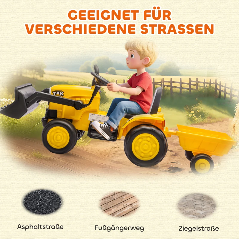 AIYAPLAY Elektrisches Aufsitz-Baufahrzeug, Spielzeugbagger mit Anhänger, 3-8 Jahre, Kunststoff, Stahl, Gelb