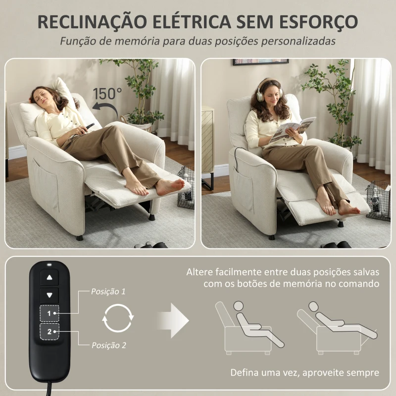 HOMCOM Poltrona Relax com Aquecimento Lombar e Massagem por Vibração Poltrona Reclinável com Função de Memória 88x93x102 cm Creme