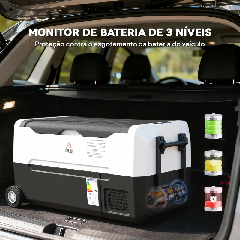 HOMCOM Geleira Elétrica de Compressor Portátil 30,5L para Carro -20℃ a 20℃ com 2 Rodas Alças e Congelador 56,8x33x26,2 cm Preto