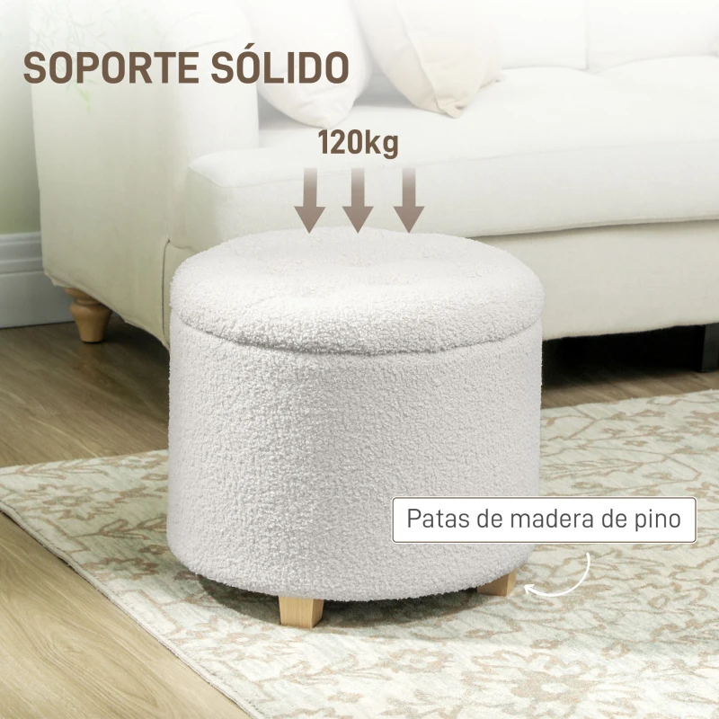 HOMCOM Puff Almacenaje Baúl de Almacenaje Redondo 40,5L 45x45x41 cm Tapizado en Borreguillo con Patas de Madera Blanco