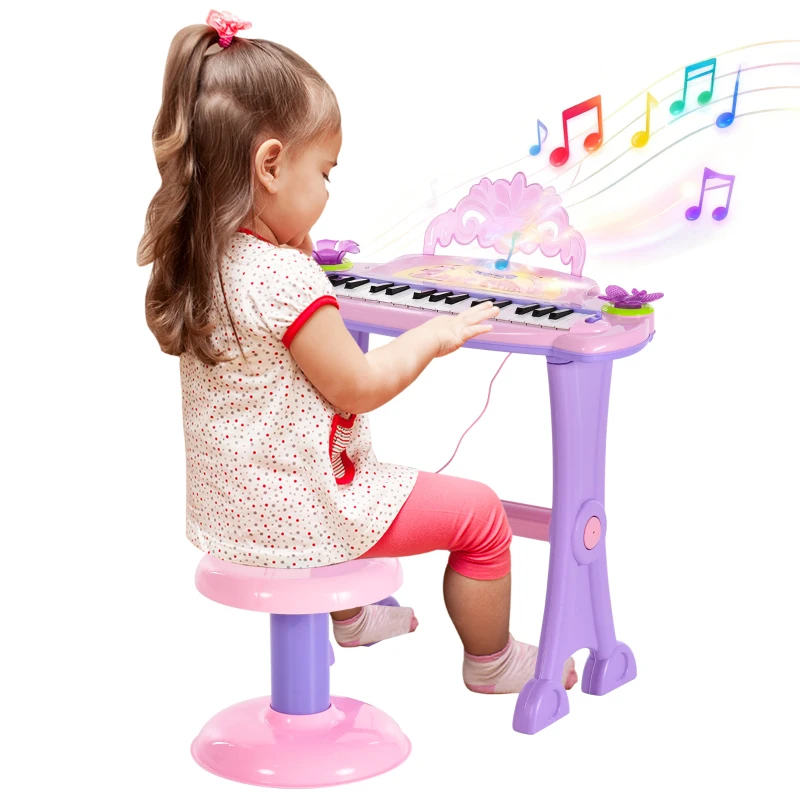 HOMCOM Teclado Electrónico Infantil 32 Teclas Juguete Musical Piano Infantil Piano para Niños con Micrófono Taburete Luces Variedad Sonidos Rítmos Melodias MP3 Karaoke Modo de Enseñanza Rosa