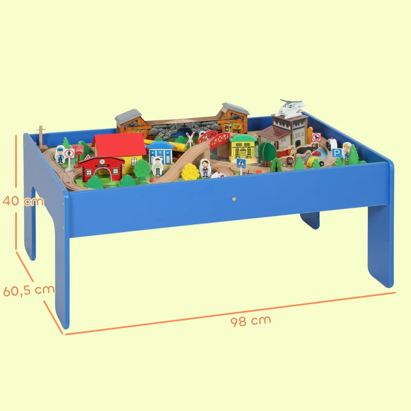 AIYAPLAY Spieltisch, 108-teiliges Eisenbahn-Set aus Holz, mit abnehmbarer Tischplatte, Eisenbahntisch, 98x60,5x40 cm, Blau