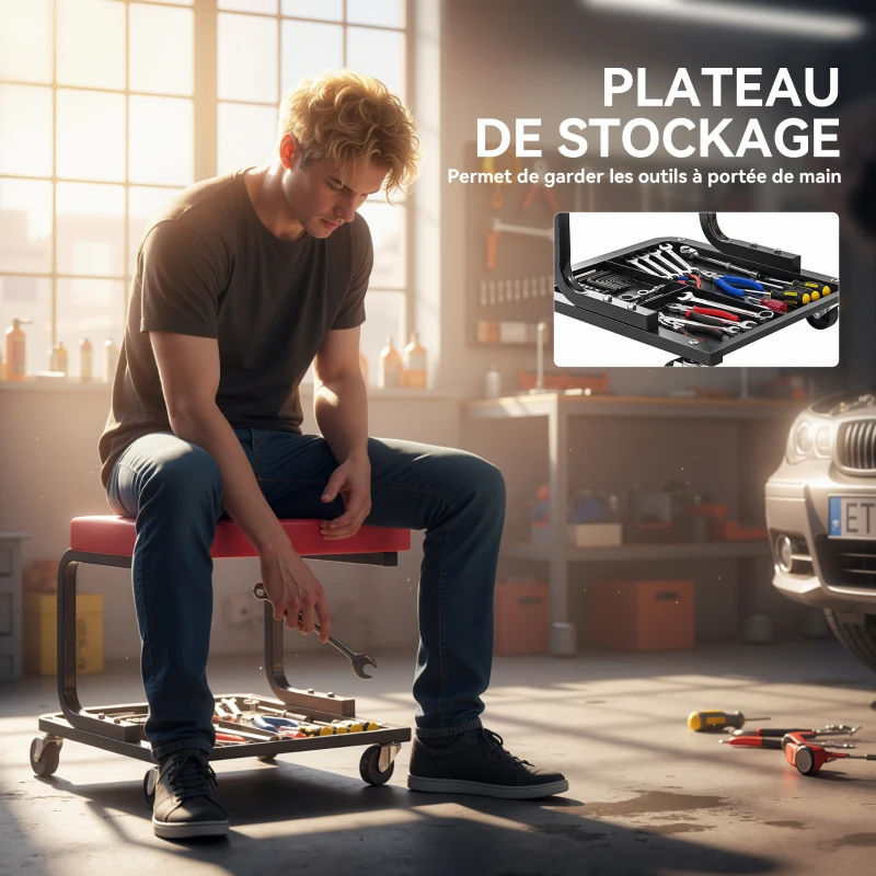 HOMCOM Tabouret de mécanicien tabouret d'atelier mobile charge 135 kg plateau outils roulettes inclus 36,5 x 33,5 x 35 cm rouge