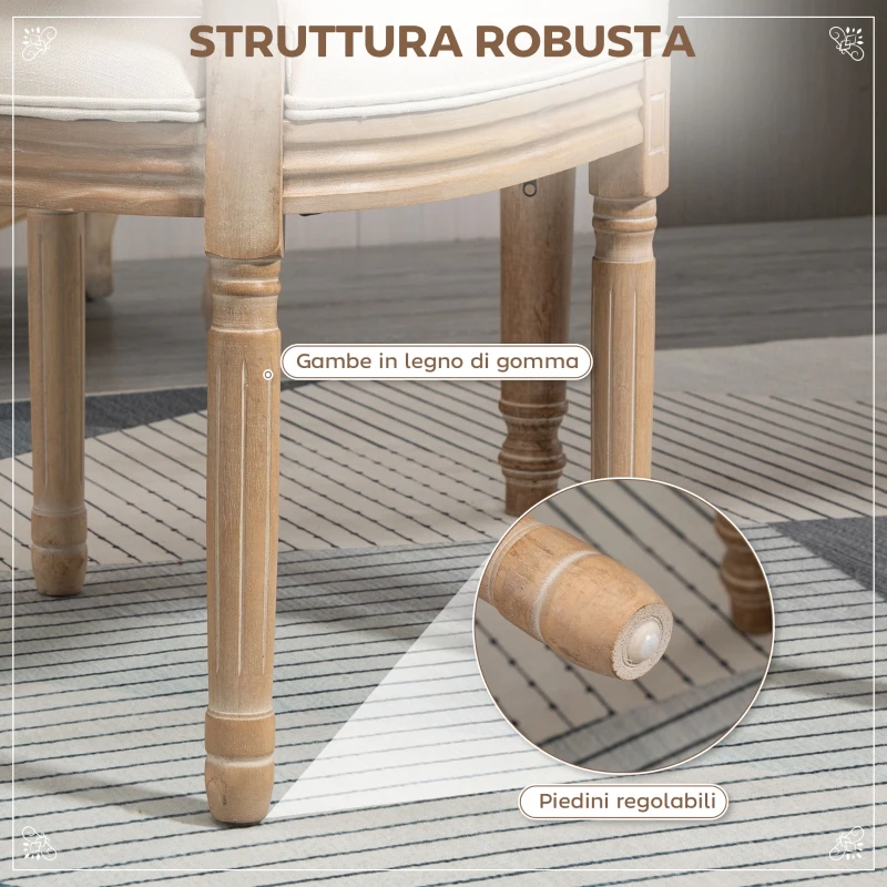 HOMCOM Set 2 Sedie Imbottite da Pranzo, Sedie per Soggiorno Stile Vintage Rétro in Legno e Tessuto Effetto Lino Bianco Panna 49x56x96cm