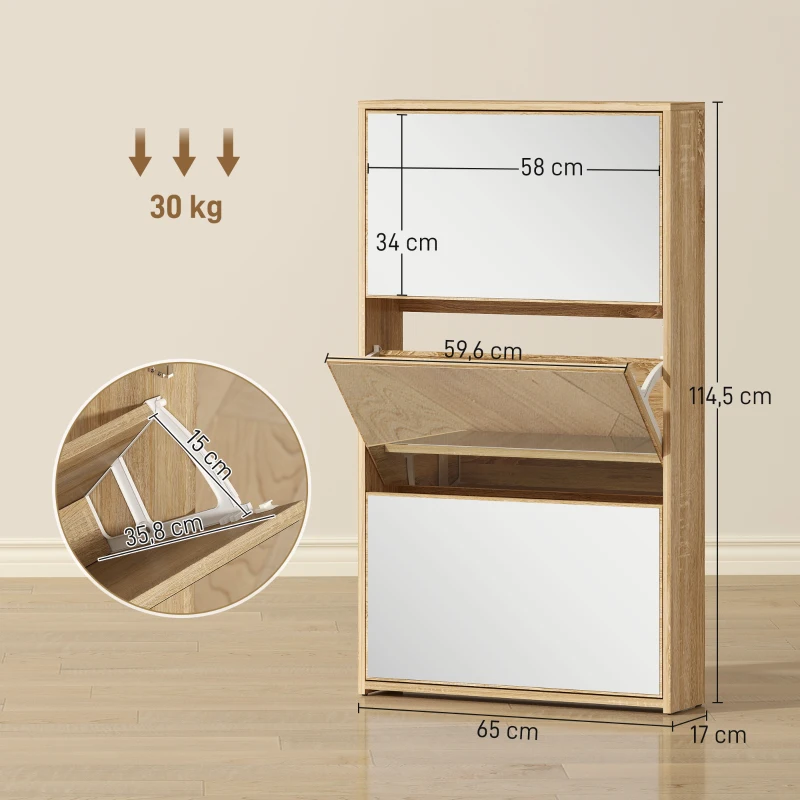 HOMCOM Meuble d'entrée 3 portes avec miroir Meuble à chaussures étroit pour 9 paires 65x17x114,5 cm naturel