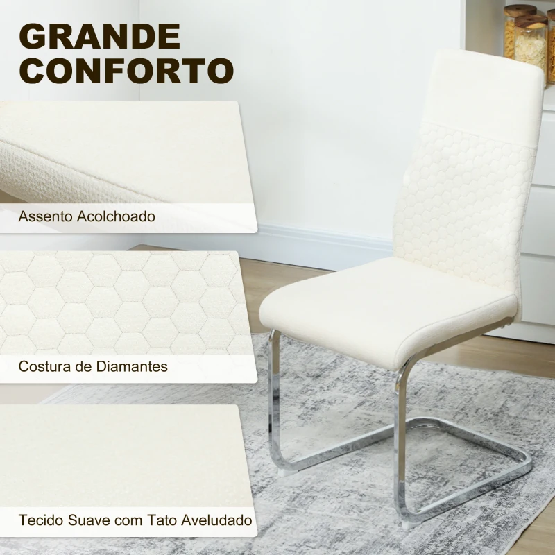 HOMCOM Conjunto de 4 Cadeiras de Sala de Jantar com Assento Acolchoado e Pés de Metal Cadeiras Cantilever Modernas 45x61x98 cm Creme