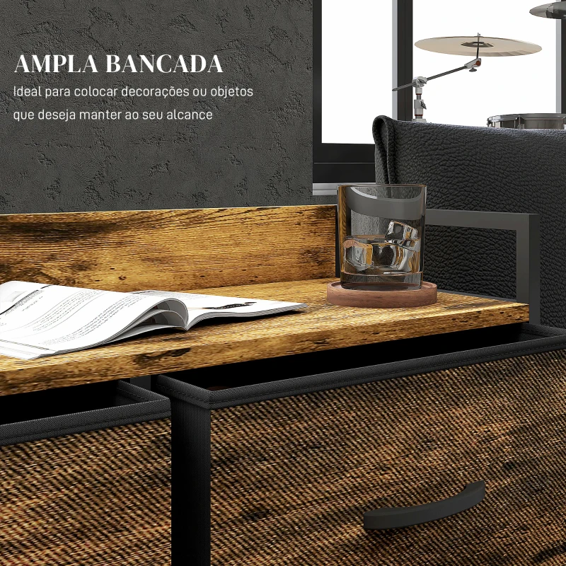 HOMCOM Cómoda com 6 Gavetas Dobráveis de Tecido Estrutura de Aço e Estilo Industrial 79x29x85 cm Castanho Rústico