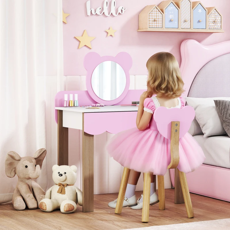 AIYAPLAY Frisiertisch-Set mit Hocker für Kinder, Schminkspiegel, Bärchenform, Schublade, MDF, Rosa