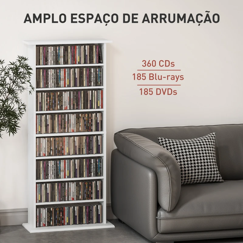 HOMCOM Estante Estreita para CDs e DVDs com 8 Compartimentos Prateleiras Ajustáveis 58x24x126,3 cm Branco