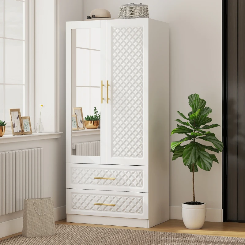 HOMCOM Armario Ropero con Espejo 2 Puertas y 2 Cajones Relieve de Diamante Barra para Colgar 80x50x180 cm Blanco