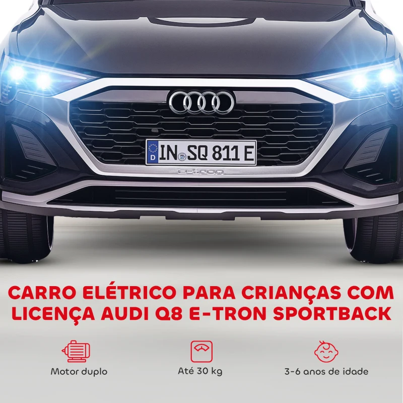 AIYAPLAY Carro Elétrico para Crianças Carro Audi Q8 Etron Sportback Infantil 12V Faróis Buzina e Música 98x49,5x43 cm Preto