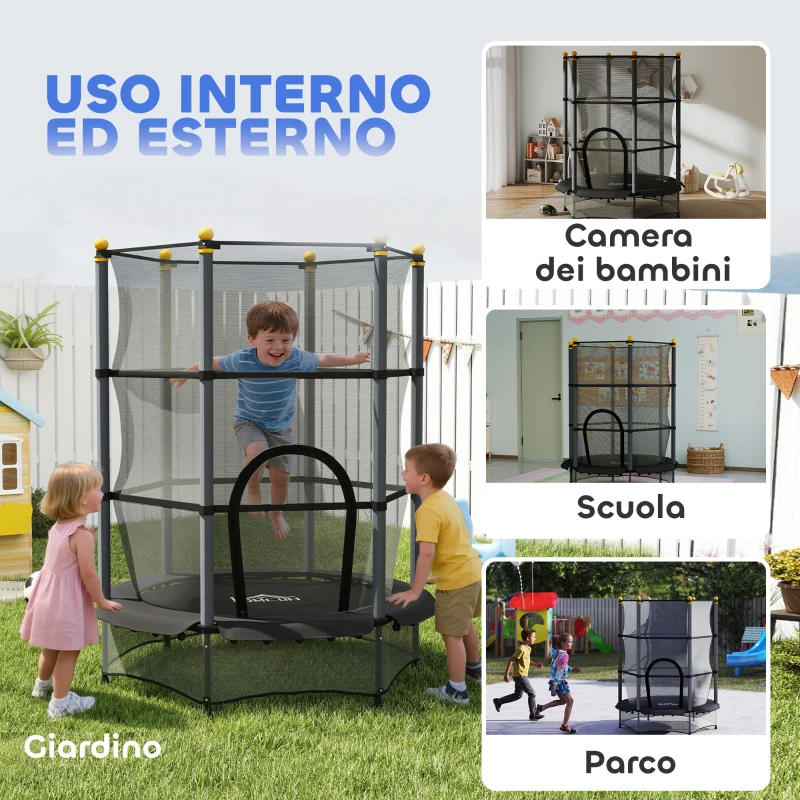 HOMCOM Tappeto Elastico per Bambini con Rete di Sicurezza e Pali Imbottiti Età 3-10 Anni, Ø140 x 190 cm, Nero