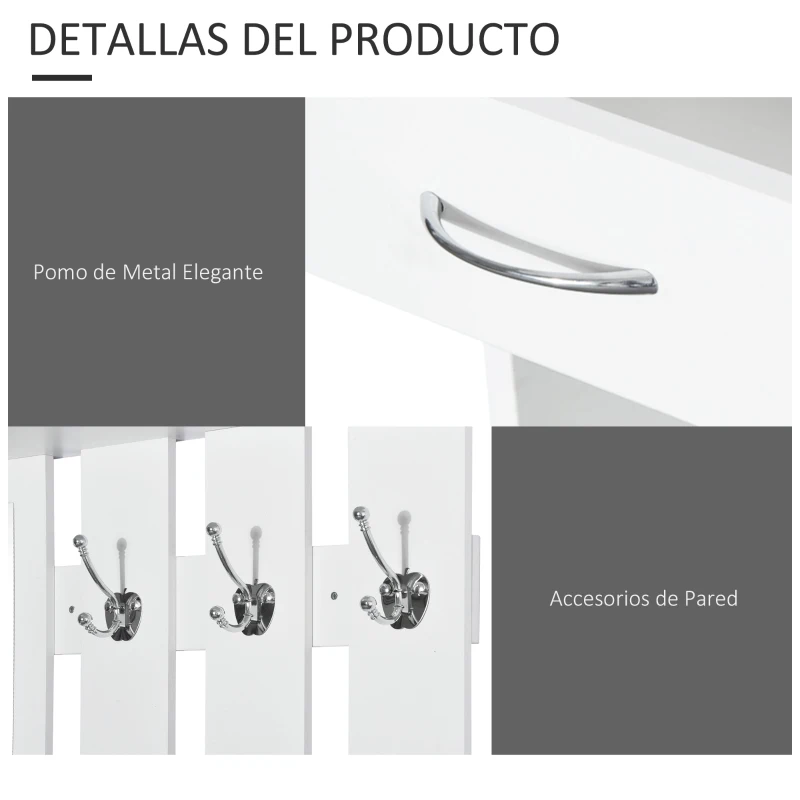 HOMCOM Recibidor de Entrada con Espejo Perchero y Zapatero Mueble de Recibidor de 2 Piezas con 6 Ganchos Estantes y Cajón Abatible para Pasillo Blanco(m-5)