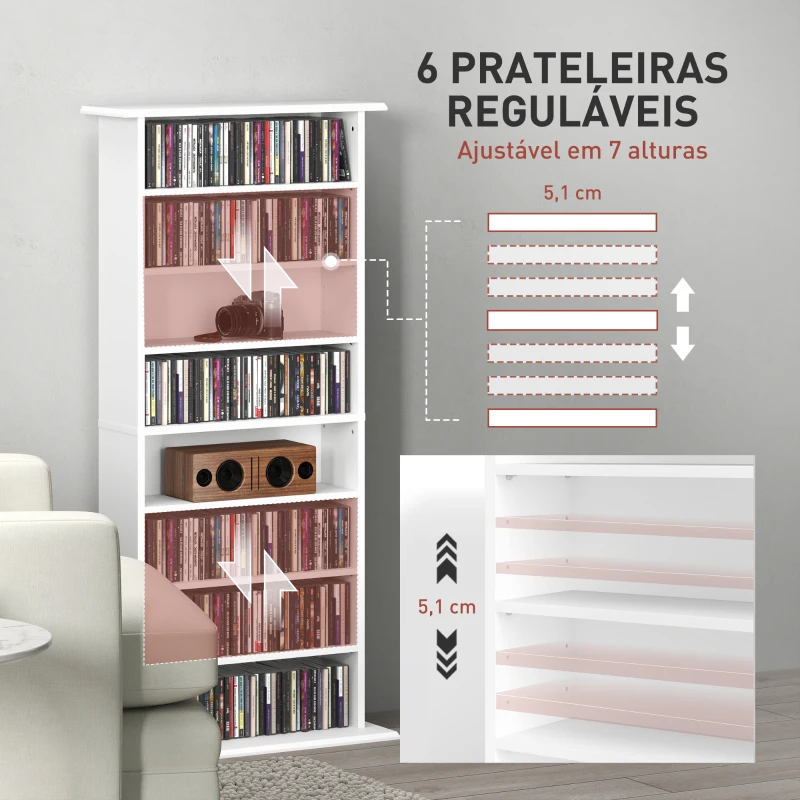 HOMCOM Estante Estreita para CDs e DVDs com 8 Compartimentos Prateleiras Ajustáveis 58x24x126,3 cm Branco