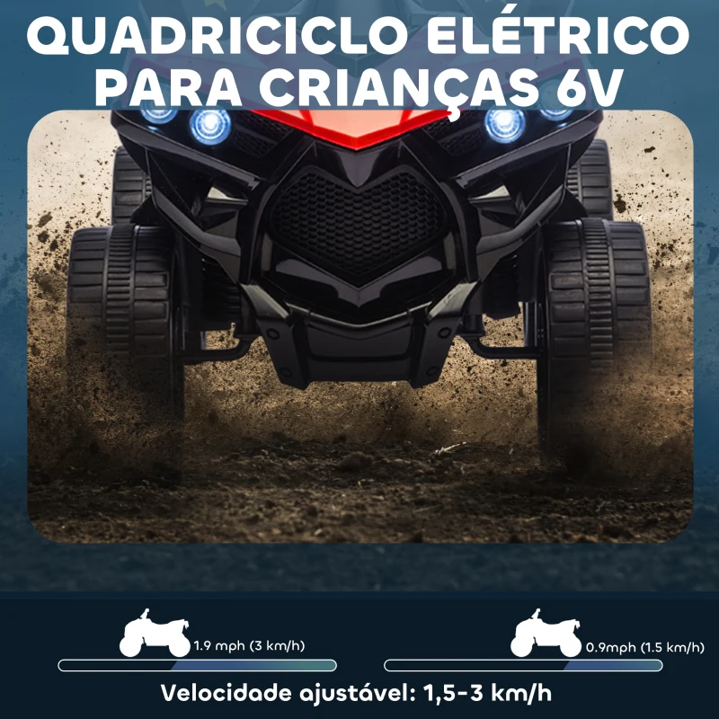 AIYAPLAY Quadriciclo Elétrico para Crianças 6 V Quadriciclo para Crianças com Velocidade até 3 km/h Faróis e Música 70x42x45 cm Vermelho
