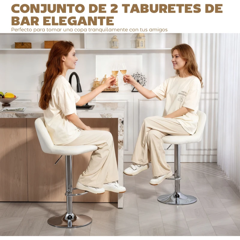 HOMCOM Juego de 2 Taburetes de Bar Taburetes Altos de Cocina con Altura Ajustable Asiento Giratorio 43x45x81-101 cm Crema