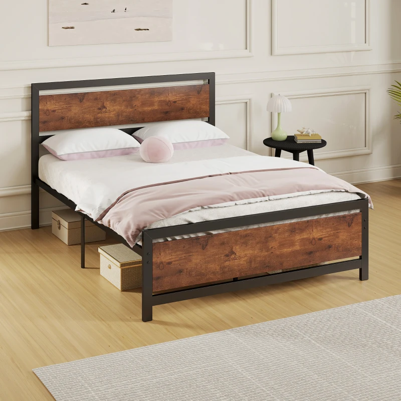 HOMCOM Cadre de lit double en acier avec sommier et tête de lit compatible matelas 190 x 140 cm brun rustique