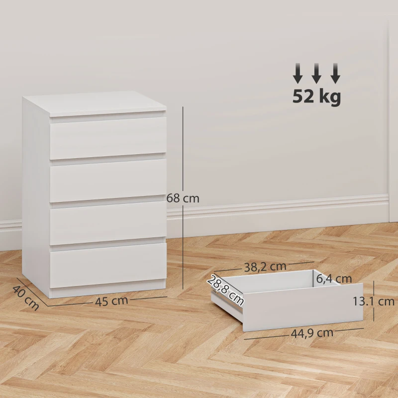 HOMCOM Cómoda 4 Cajones con Cierre Suave Cajonera para Salón Oficina Estilo Moderno 45x40x68 cm Blanco