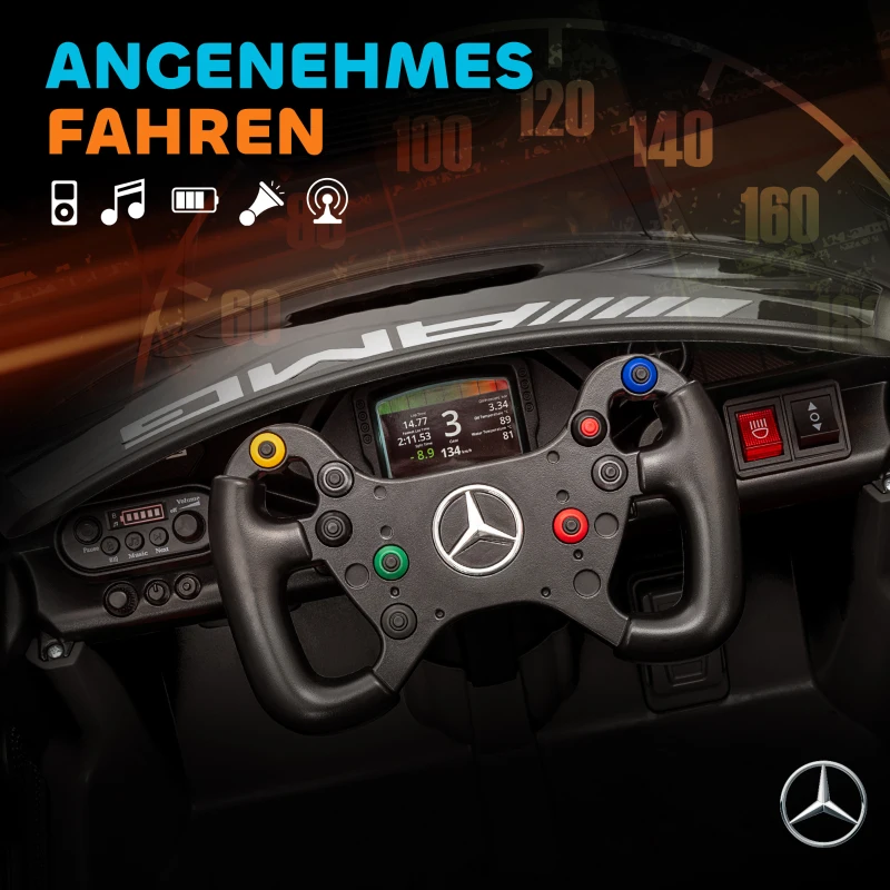 AIYAPLAY Mercedes-Elektroauto, Aufsitzauto für Kinder, 12V Batterie, LED-Lichter, Musikfunktion, Hupe, 3-8 Jahre, Schwarz