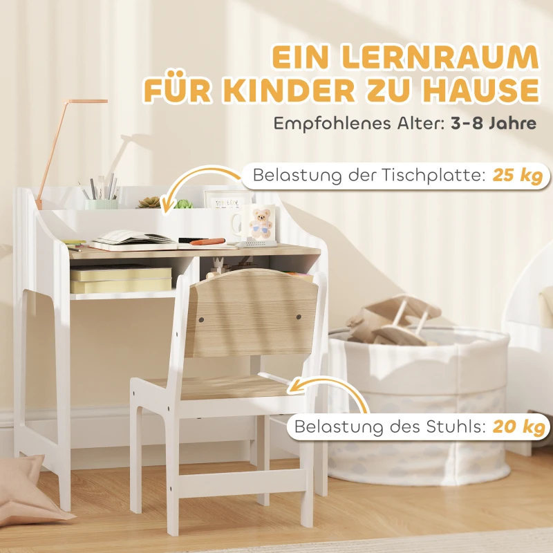 AIYAPLAY Kinder-Schreibtisch-Set mit Stauraum, offene Fächer, Stuhl, 3-8 Jahre, Holz