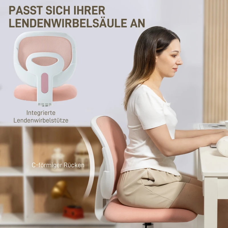 HOMCOM Bürostuhl Ergonomischer Schreibtischstuhl mit C-förmiger Rückenstütze, Höhenverstellbar Rosa