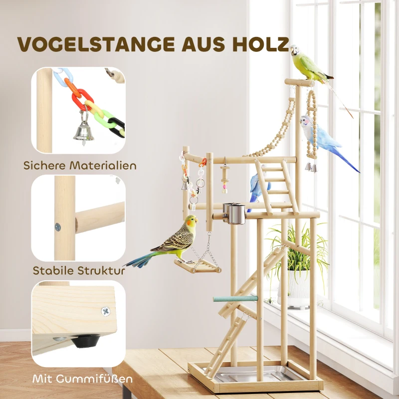 PawHut Vogelständer, Vogelstangen-Set, 4 Ebenen, Edelstahltablett, Spielzeug, Naturholz