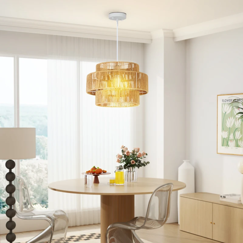 HOMCOM Hängelampe, 3-stufiger Lampenschirm, Metall, Hanfseil, Hellbraun