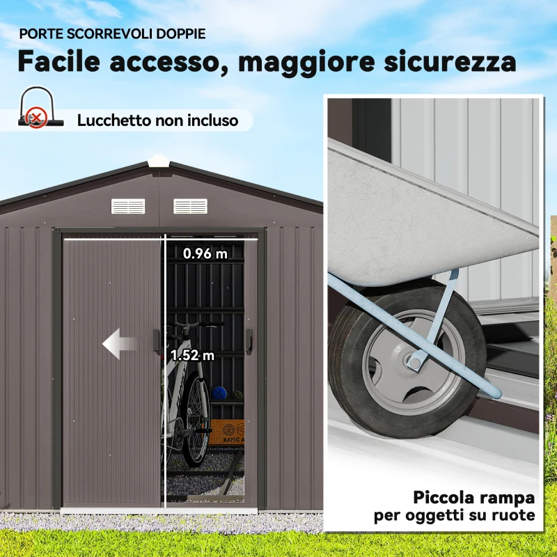 Outsunny Casetta da Giardino con 2 Porte Scorrevoli e 4 Prese d'Aria in Acciaio, 322x277x192 cm, Marrone