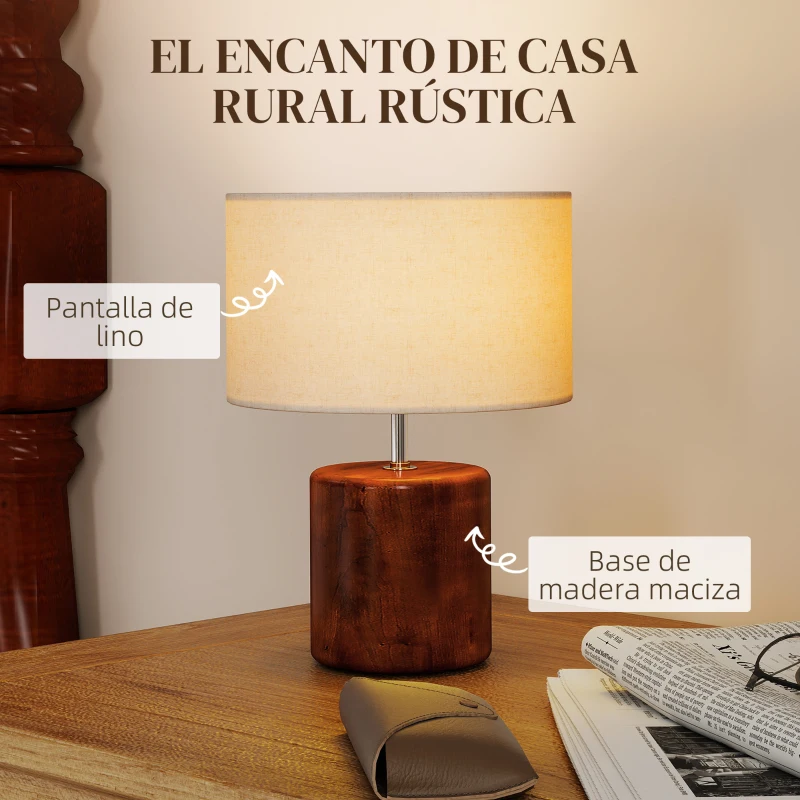 HOMCOM Lámpara de Mesa Rústica Lámpara de Mesita de Noche con Base de Madera Pantalla de Lino Interruptor Basculante Marrón