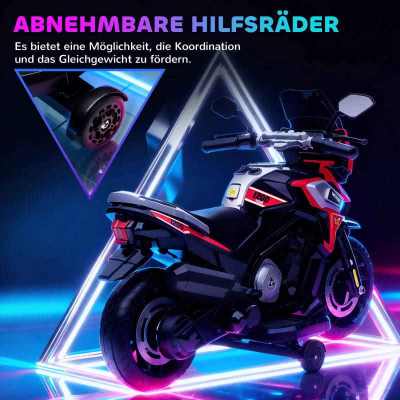 AIYAPLAY Elektro-Motorrad für Kinder von 18-36 Monaten, Aufsitz-Fahrzeug, Hilfsräder, Lichter, Musik, Kunststoff, Stahl, Rot