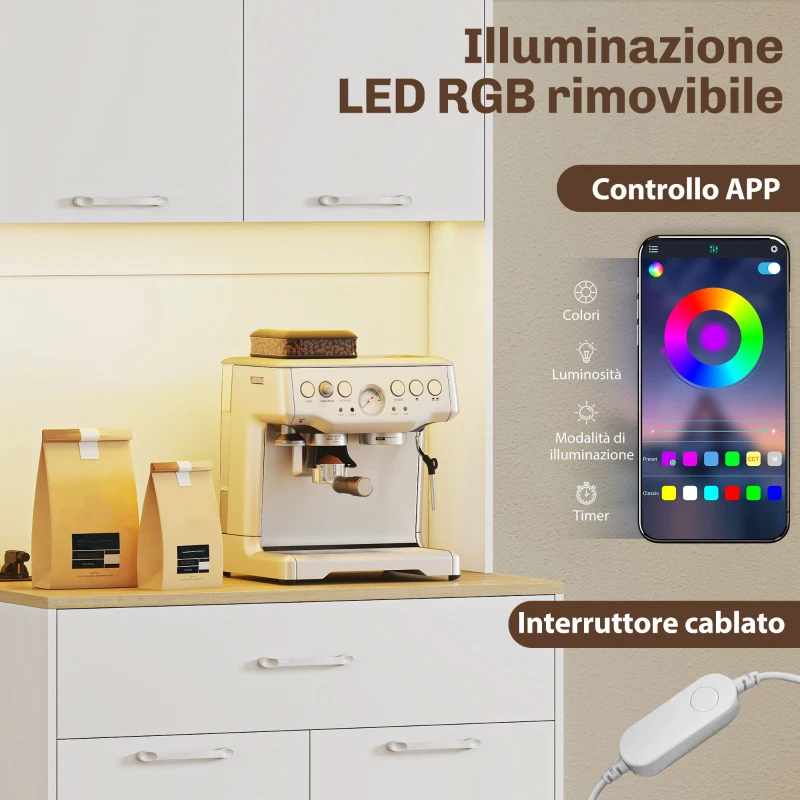 HOMCOM Credenza Moderna con Luci LED, Prese Elettriche e USB, 2 Armadietti e Cassetto, 71x40x180 cm, Bianco