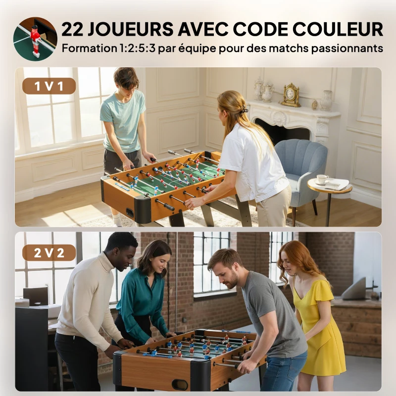SPORTNOW Baby-foot pliable en bois table de babyfoot pliable sur pied avec 2 balles 22 joueurs, 118 x 107,5 x 78 cm, marron