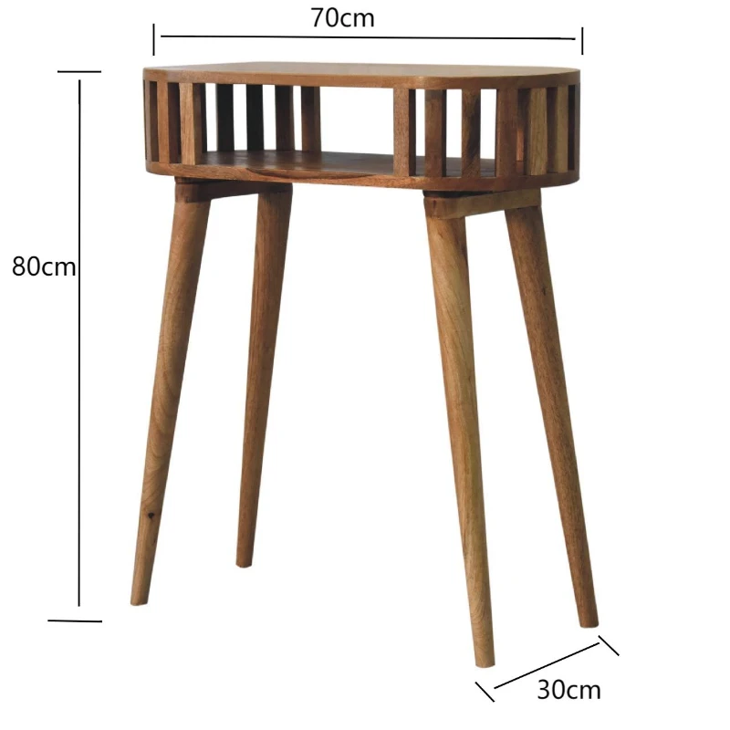 Solid Wood Ariella Console Table with Hand-finished, Open Shelf, Desk with Scandi-inspired Nordic Legs, Circular Design, 30L x 70W x 80H cm, Brown