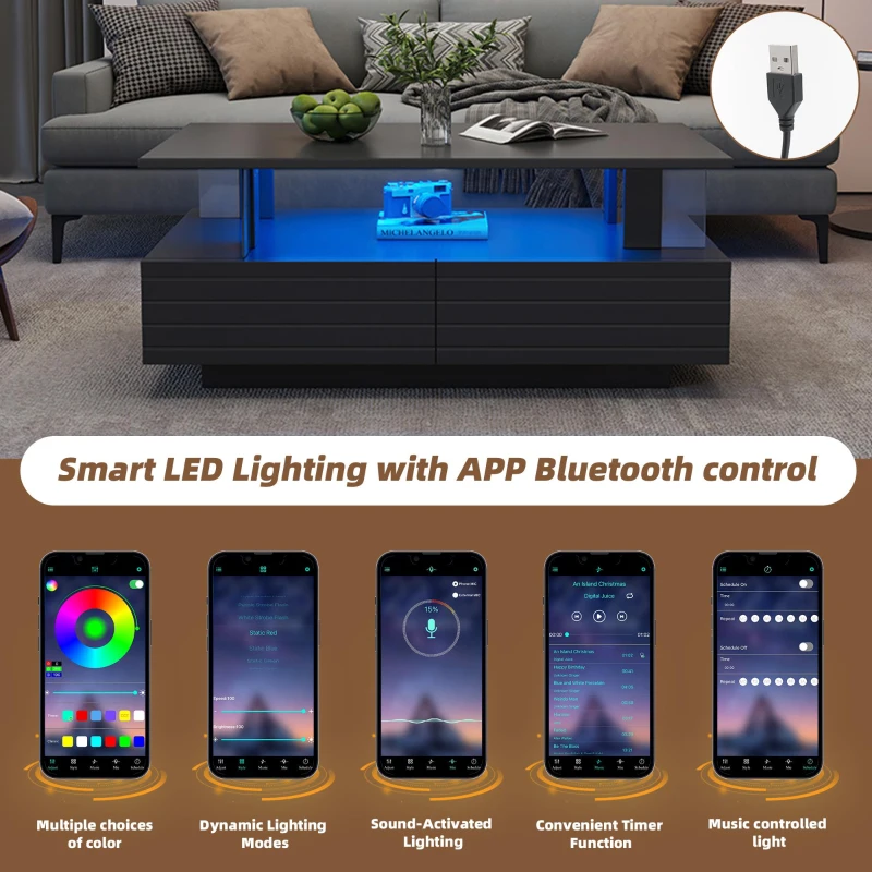 Modern Coffee Table with App-Controlled LED, 2-Drawer and Open Storage, Centre Table with USB-Powered, 100L x 50W x 42.5H cm, Black