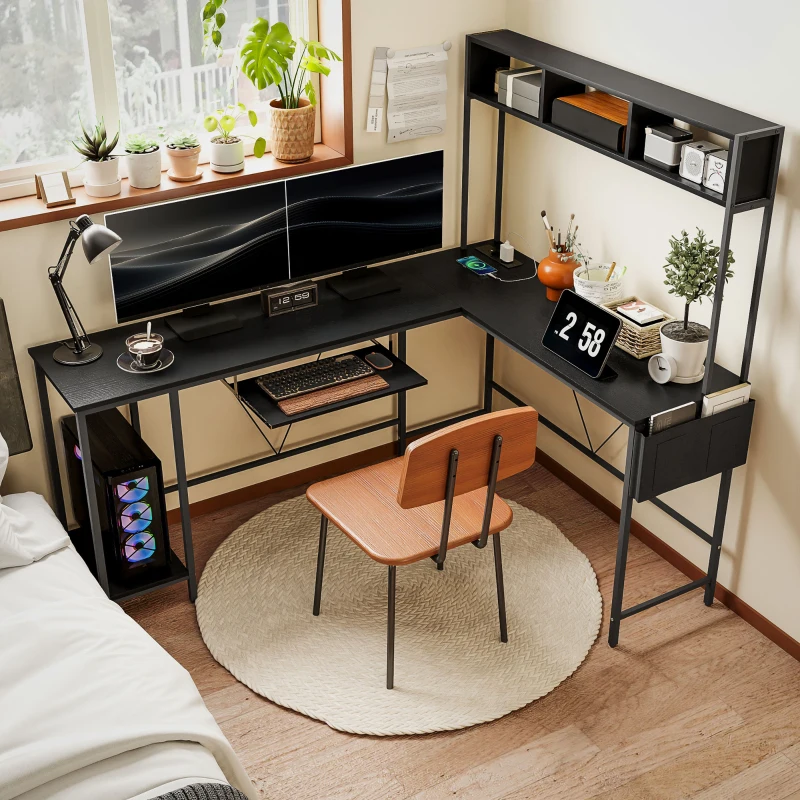 HOMCOM Bureau modulable, bureau d'angle avec Prise et port USB, Style Industriel Étagères de Rangement et Plateau Clavier, Noir