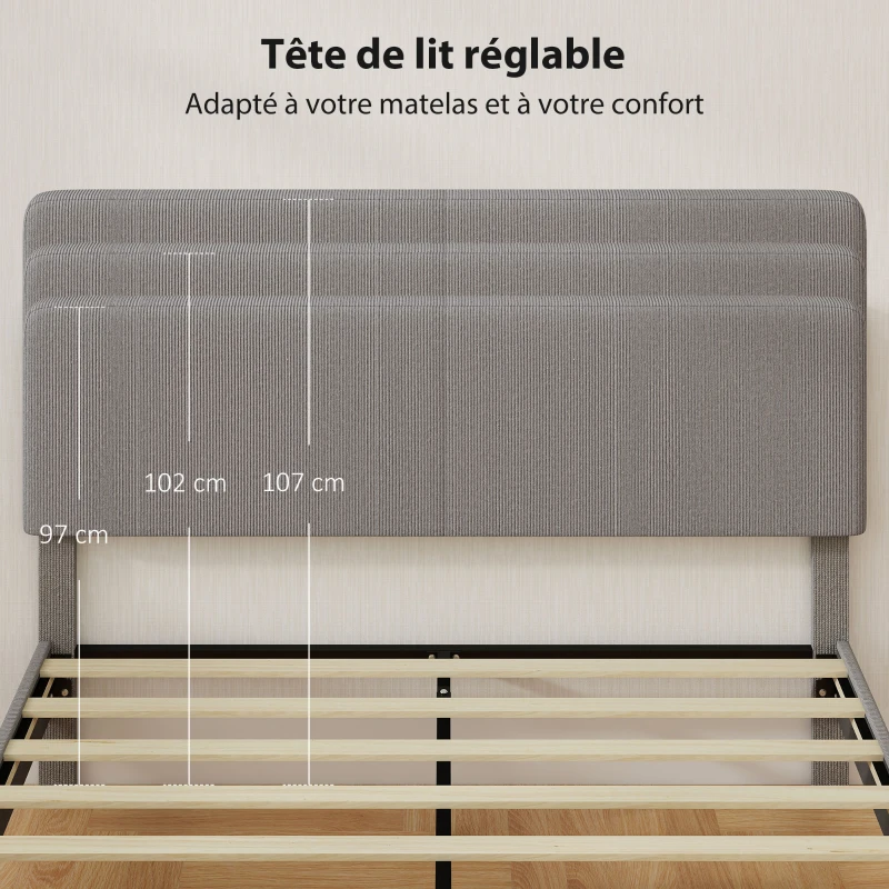 HOMCOM Cadre de lit 160 x 200 cm, sommier à lattes en bois, tête de lit réglable, lit double rembourré en velours côtelé, gris
