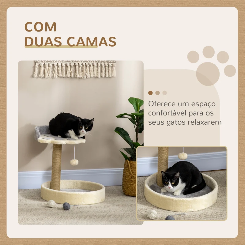 PawHut Arranhador para Gato com 2 Camas Poste de Juta Brinquedo Pendurado Ø41x44 cm Cinza Claro