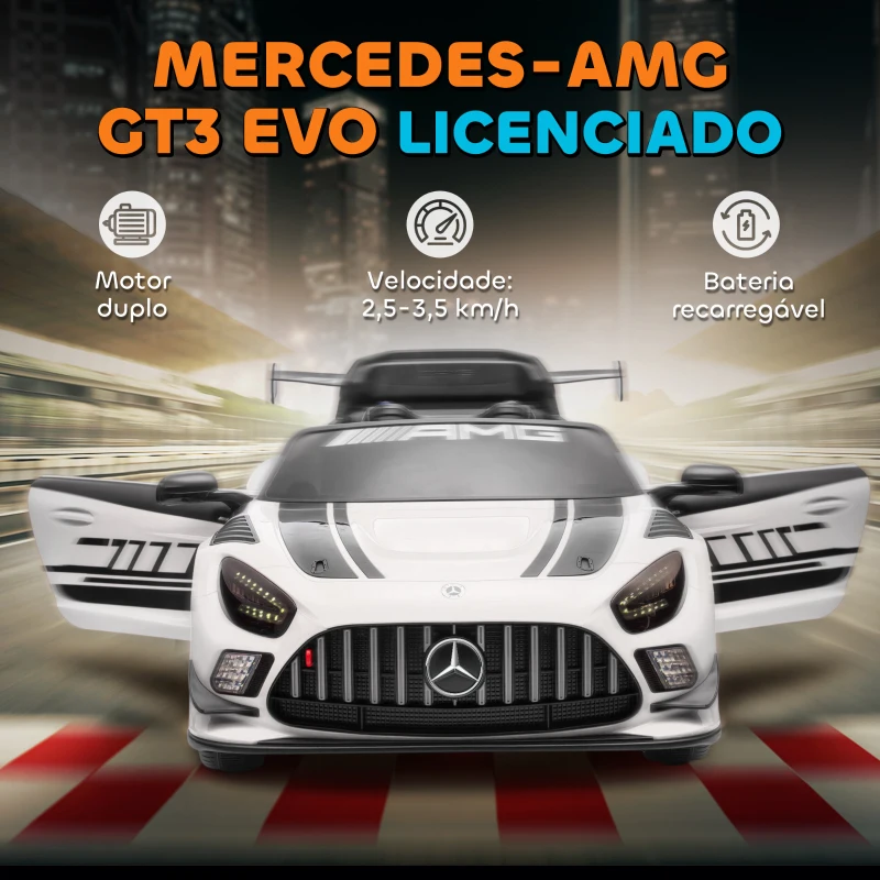 AIYAPLAY Carro Elétrico para Crianças Mercedes-AMG GT3 Evo12V com Controlo Remoto 2,4G e Motor Duplo 115x66x44 cm Branco