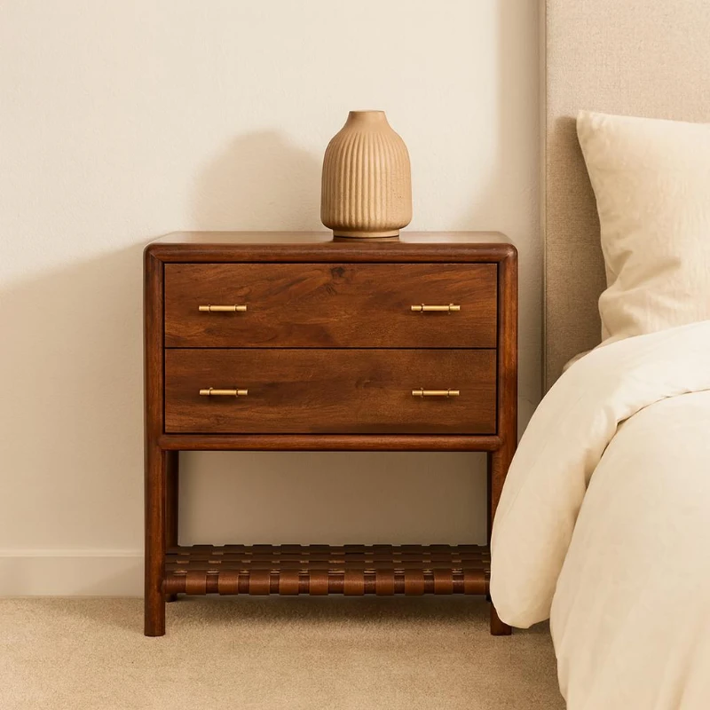 Solid Mango Wood Bedside Table with Regency‑Style Woven Detailing, Desk with 2 Smooth‑Gliding Drawers and Open Shelf, 35L x 75W x 80H cm, Brown