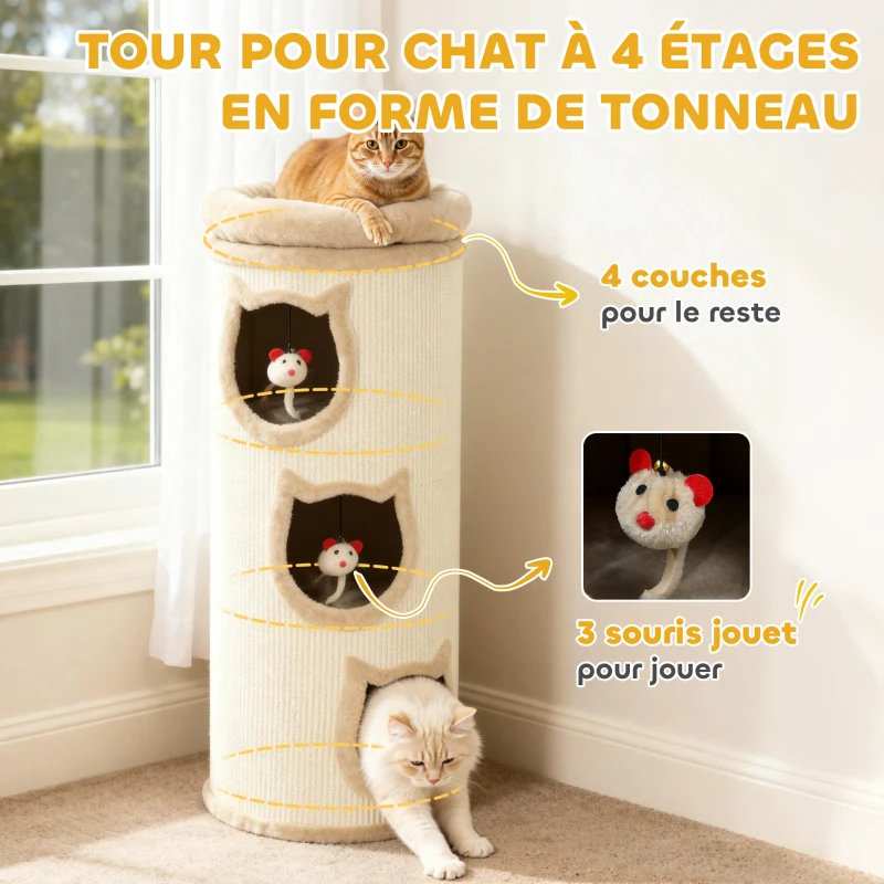 PawHut Tonneau à gratter, tour à griffer en sisal et bord en peluche, 3 niveaux avec plate-forme, stable, Ø 38 x 96 cm crème