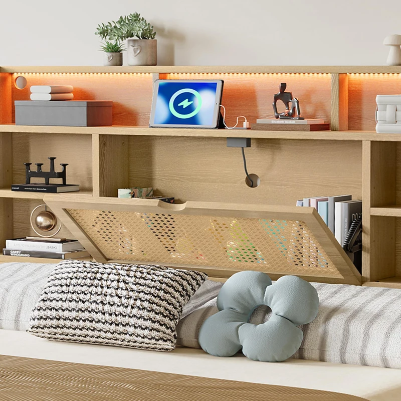 4ft6 Wooden Double Bed with LED Strip Light and Headboard Storage, Storage Bed with Charging Port, 208L x 137.5W x 104.5H cm, Natural+Black