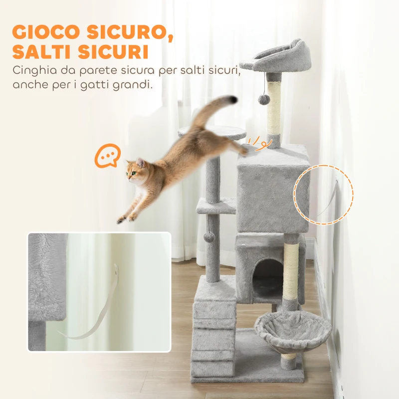 PawHut Albero Tiragraffi per Gatti con 2 Casette, Amaca, Lettino e Pali in Sisal, 48x48x160 cm, Grigio